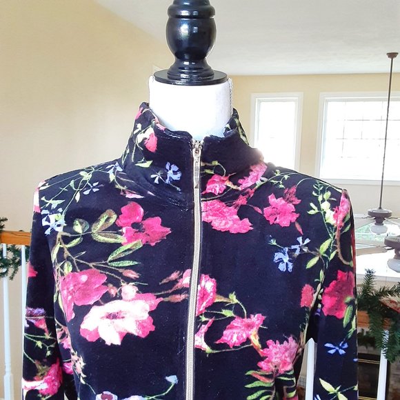 Black Floral Velour Jacket Size S with Gold Full Front Zipper. Oversize - Picture 4 of 8
